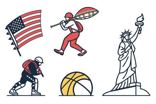 Collection of american sports and landmarks isolated on white background