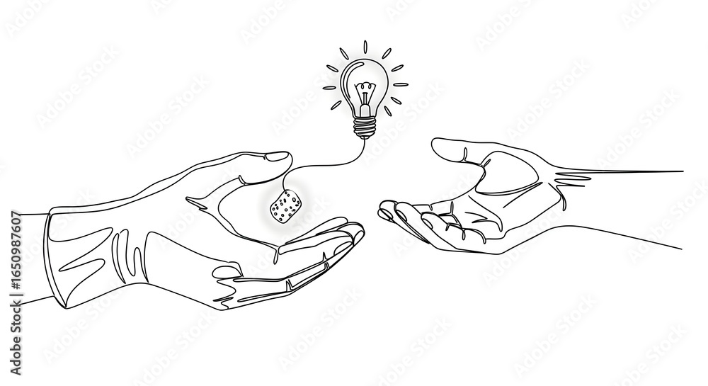 Poster minimalist line drawing of two hands passing a light bulb with spark of idea