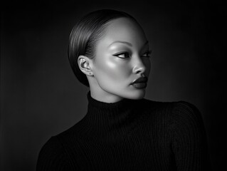 A profile portrait of a woman with sleek hair wearing a black turtleneck against a dark background.