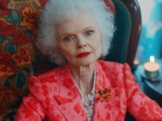 A senior woman with white hair wearing a floral pink suit, sitting in a vintage chair.