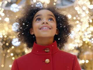 A young girl with curly hair wearing a red coat, looking up and smiling against a festive background.
