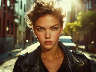 A young woman with short hair wearing a leather jacket, standing confidently in a sunlit urban street.
