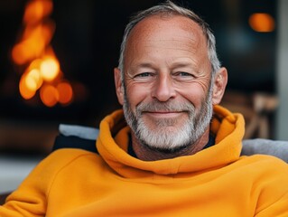 A middle-aged man with a beard smiling warmly while sitting in front of a cozy fireplace.