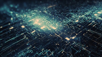 Fototapeta premium Futuristic abstract image showcasing intricate digital circuits with glowing elements, conveying a sense of advanced technology.