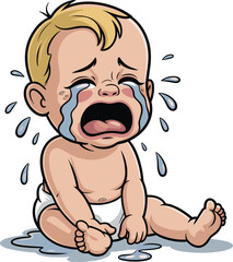 Crying baby cartoon, sad toddler illustration, emotional infant tears, upset child vector, loud crying boy, diapered baby, sitting weeping kid