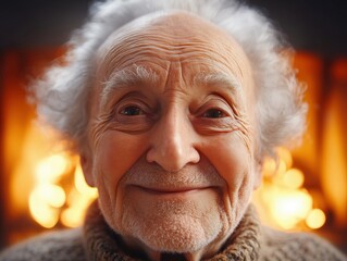 A cheerful elderly man with gray hair smiling in front of a cozy fireplace.
