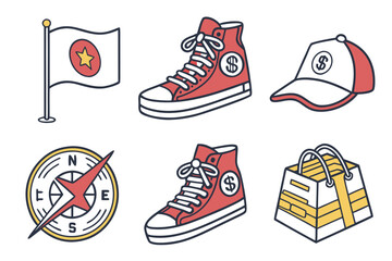 Collection of fashion and travel icons including sneakers, cap, compass, flag, and shopping bag