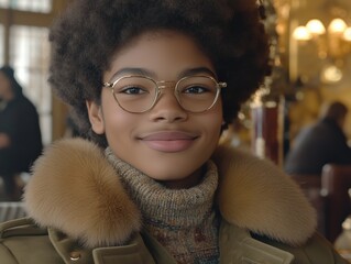 A young girl with curly hair and glasses smiling warmly in a cozy indoor setting.