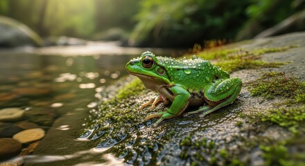 Obraz premium Close-up of a vibrant green frog resting on a moss-covered rock beside a flowing stream