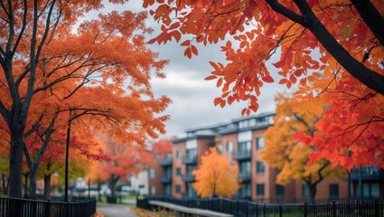 Colorful autumn trees with red, orange, and yellow leaves in front of modern apartment buildings on a cloudy day.