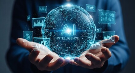 Futuristic glowing digital sphere held in open hands with data visualizations