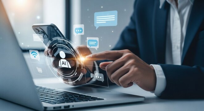 Business professional using a smartphone with futuristic digital interface and icons