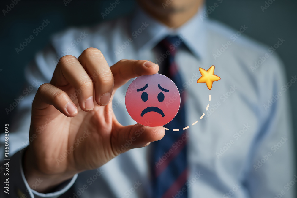 Poster expressing low feedback with sad emoji and falling star symbolizing dissatisfaction and negative sen