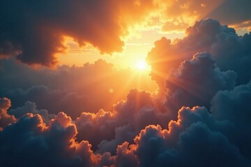 Fototapeta premium Golden light rays burst through clouds, celestial scene , sunrise, landscape