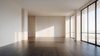 Obraz premium Empty room with large windows and wooden floor, bright natural light, minimalistic interior, modern living space, spacious and airy.