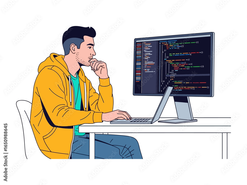 Poster code weaver: a focused individual intently codes at a desk, a digital tapestry of lines and logic il