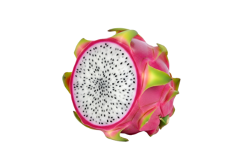 Vibrant dragon fruit sliced open revealing its white interior with black seeds on a black background