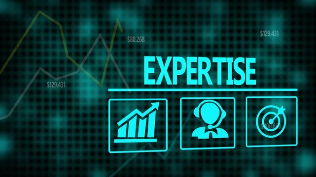 A Expertise business concept on a flashing computer monitor with moving graphs and data.