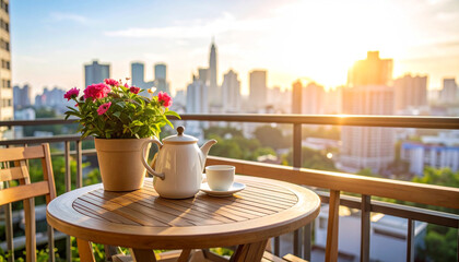 Balcony corner with small round wooden table, potted flowers, ceramic teapot and cup