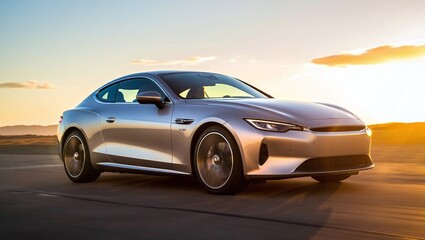 Fototapeta premium Sleek Silver Electric Car Gliding on Asphalt Road at Sunset Capturing Modern Automotive Elegance and Sustainable Transportation