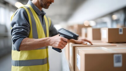 Worker scanning barcodes on boxes in a warehouse