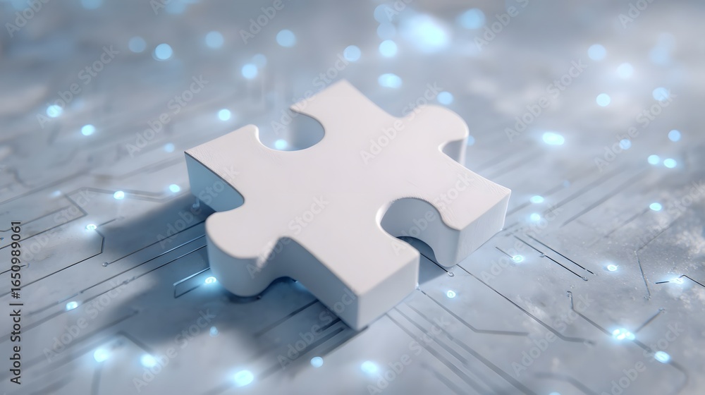 Poster cybersecurity shield symbolized by a puzzle piece on digital circuit patterns