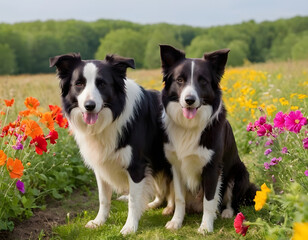 Fototapeta premium Two dogs are sitting in the garden. Pets in nature. Cute border collie in a field with colorful flowers. 