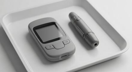 Medical Devices Blood Glucose Meter and Lancet on White Tray - Minimalist Clinical Still Life