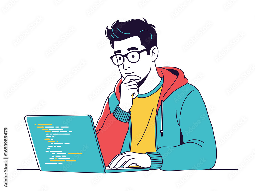 Poster digital code wizard: a focused individual, deep in thought, analyzes digital code on a modern laptop