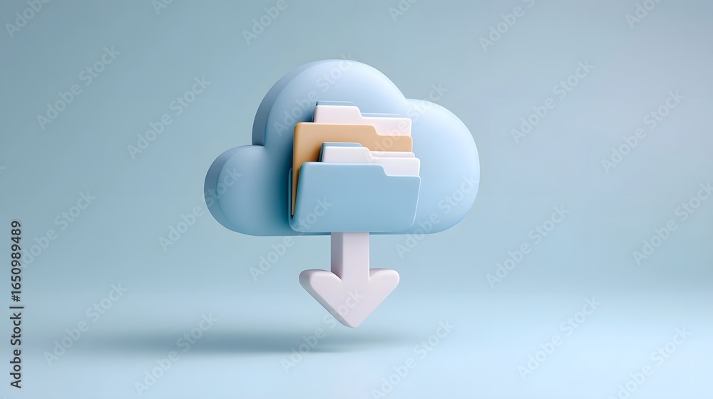 Poster cloud storage with floating file folders and download arrow