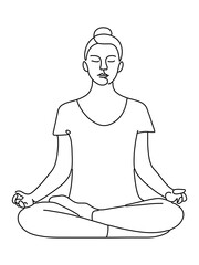 Woman practicing yoga and meditation hand drawn line vector illustration.woman sitting in lotus pose. Woman meditating. Calm girl in yoga pose practicing mindfulness and peaceful relaxation.
