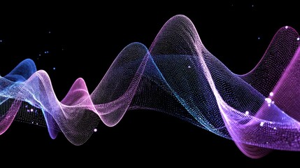 Abstract digital flow representation of a glowing data stream formed by a cluster of dots in a gradient of purple and blue hues with a dark background.