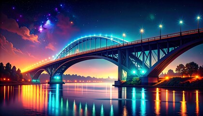 Naklejka premium Vibrant Illuminated Bridge Over River at Dusk with Fireworks.