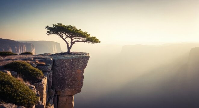 Lone tree stands on a dramatic cliff edge at sunrise