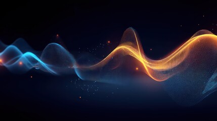 Abstract particle wave background with dynamic blue and gold gradients represents connectivity and futuristic technology design for digital and creative projects