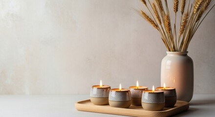 Cozy autumn scene with lit candles and dried grasses in a vase