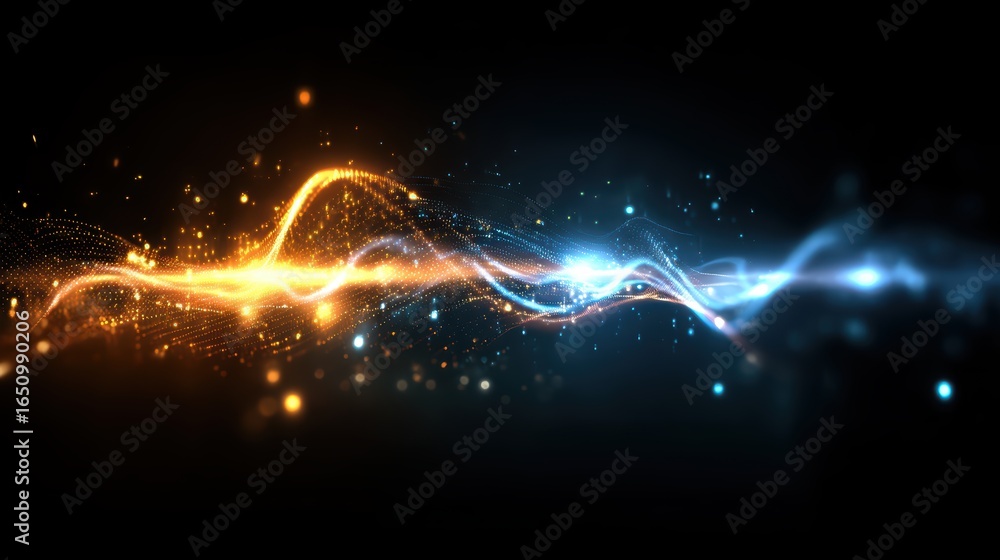 Aufkleber abstract energy waveforms orange and blue particle stream on black background light streaks sparkle 