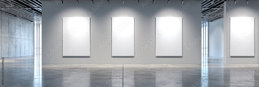 Poster modern gallery space with blank canvases waiting for artistic displays in minimalist setting