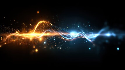Abstract energy waveforms orange and blue particle stream on black background light streaks sparkle dynamic visual representation modern futuristic design