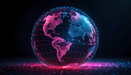 A glowing earth globe with pink and blue continents on a dark background with grid lines and light