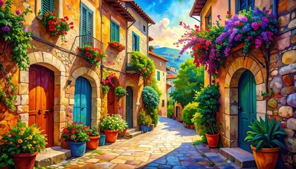 Vibrant Italian Alleyway with Colorful Buildings and Flowers.