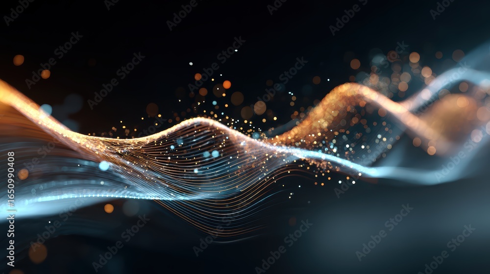 Poster abstract digital wave with glowing particles on dark background,futuristic technology and data trans