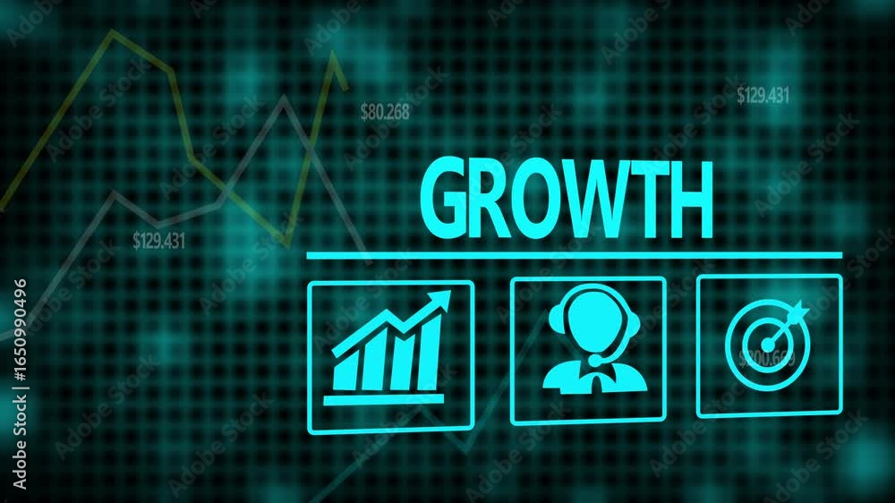 Aufkleber a growth business concept on a flashing computer monitor with moving graphs and data.