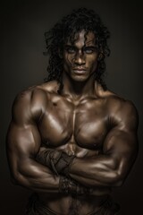 Naklejka premium A muscular man with curly hair poses shirtless against a dark background, showcasing his defined physique.