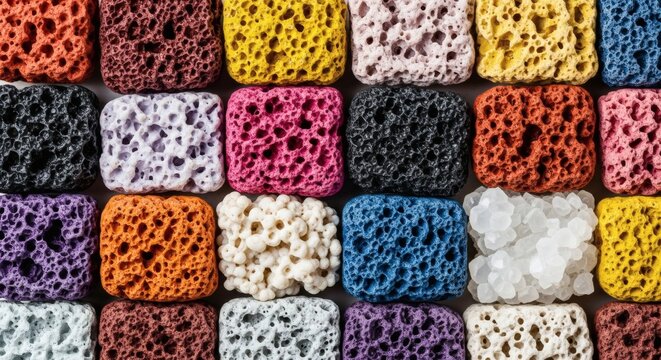Colorful porous textured blocks arranged in a grid pattern