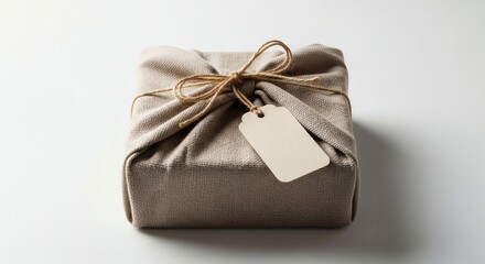 Handmade fabric wrapped gift box with blank tag and twine