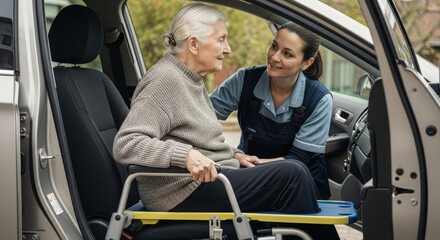 Obraz premium Elderly woman being assisted into a vehicle by caregiver, compassion and support, safety first