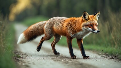 Obraz premium A fox crossing a dirt path in a natural setting. Wildlife and nature scene. The concept of animals and wildlife habitat.