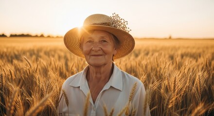 Obraz premium Smiling elderly woman in a straw hat amidst a golden wheat field, bathed in sunlight