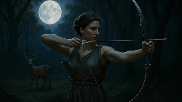 Artemis Greek Huntress Goddess of the Moon in a Moonlit Forest Scene Symbolizing Wilderness, Protection, and the Hunt